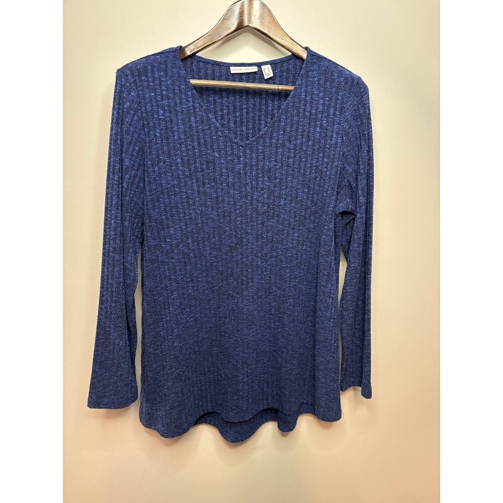 Susan Graver Blue ribbed knit V neck tunic, long sleeved, Large